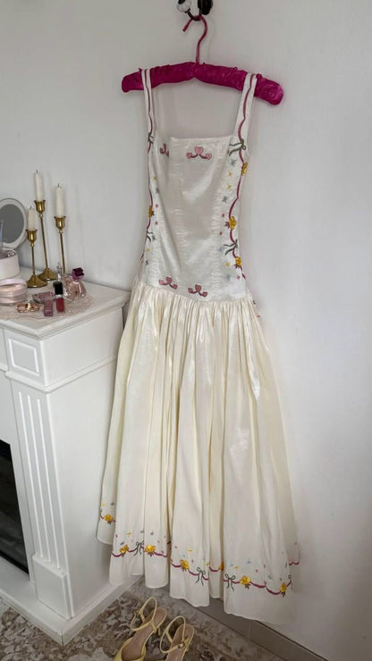 Cute A Line Straps Embroidered Ivory Satin Prom Dress Evening Dress Outfits DP7163