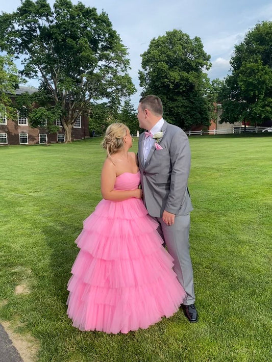 Pink A Line Sweetheart Neck Layered Tulle Long Prom Dress Evening Dress DP1310