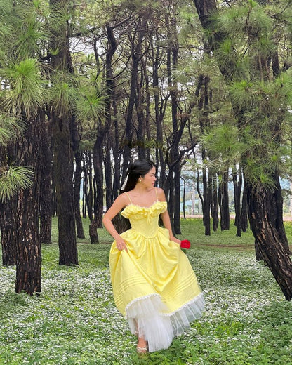 Fairy A Line Spaghetti Straps Yellow Satin Long Prom Dress Evening Dress DP1278