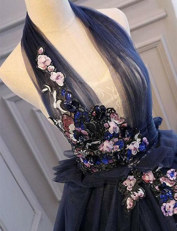 Navy Blue A Line Halter Appliques Backless Long Prom Dresses Evening Dresses DP820