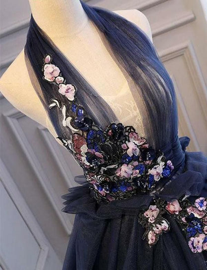 Navy Blue A Line Halter Appliques Backless Long Prom Dresses Evening Dresses DP820