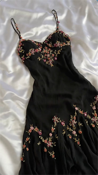 Cute A Line Spaghetti Strap Flower Black Chiffon Homecoming Dress Outfits DP1846
