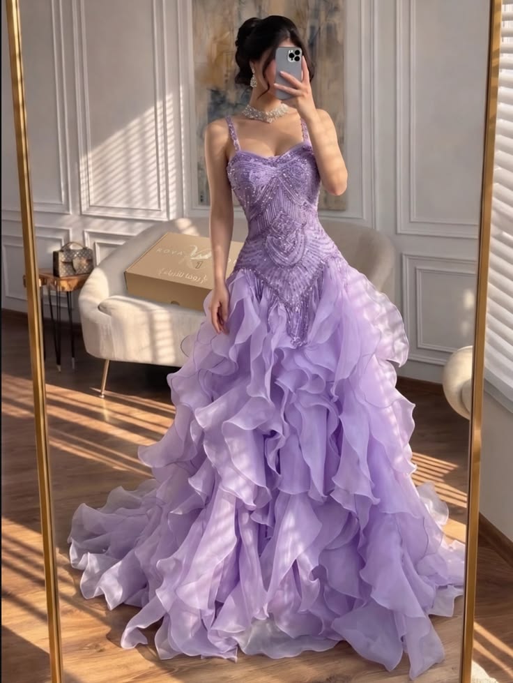 Purple Ball Gown Straps Exquisite Beaded Layered Organza Prom Dress Party Dress DP6531