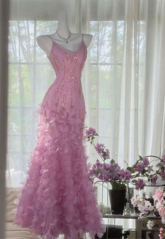Romantic Pink Mermaid Spaghetti Strap Beaded Chiffon Prom Dress Evening Dress DP2882