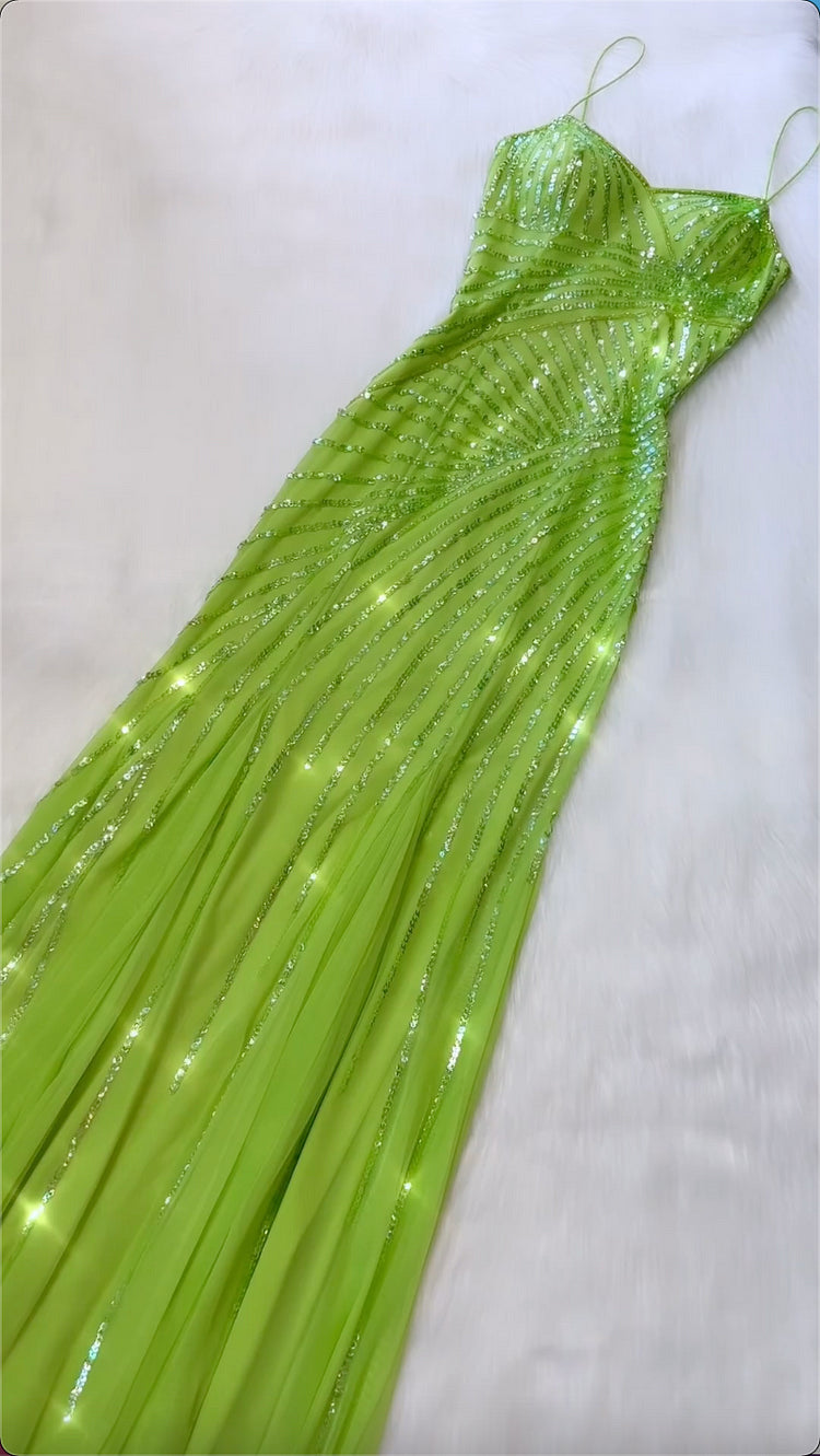 Green A Line Spaghetti Strap Sequin Chiffon Long Party Dress Evening Dress DP2346