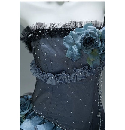 Princess Dark Blue Ball Gown Strapless Beaded Layered Organza Prom Dress 16th Birthday Dress DP5390