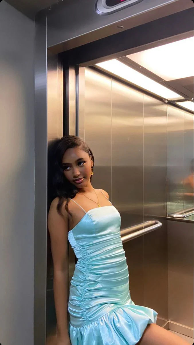 Simple Blue Sheath Spaghetti Strap Pleated Satin Homecoming Dress Cocktail Dress DP3052