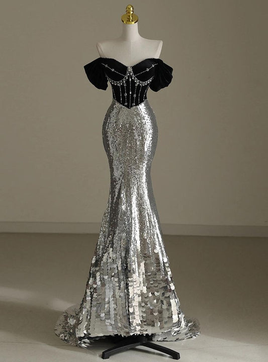 Silver Sequin Mermaid Off the Shoulder Beaded Black Satin Long Prom Dresses Evening Gowns Party Dress DP3047