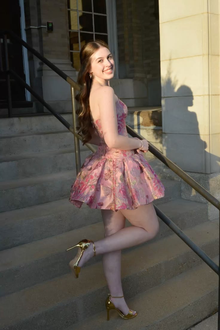 Sweety Pink Print A Line Strapless Satin Short Prom Dress Homecoming Dress DP7150