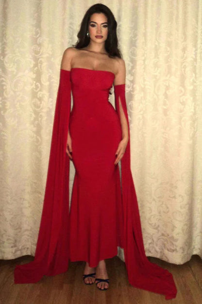 Sexy Sheath Strapless Red Satin Long Prom Dress Evening Dress DP6118
