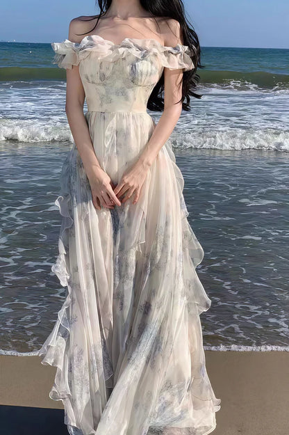 Romantic Flowy A Line Print Floral Chiffon Prom Dress Party Evening Dress DP5378