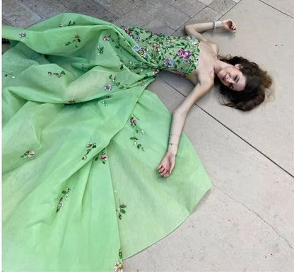 Green A Line Strapless Floral Sequin Tulle Prom Dress Party Dress Evening Dress DP3529