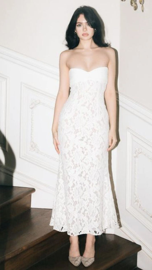 Pretty White Mermaid Strapless Lace Prom Dress Evening Dress DP6920