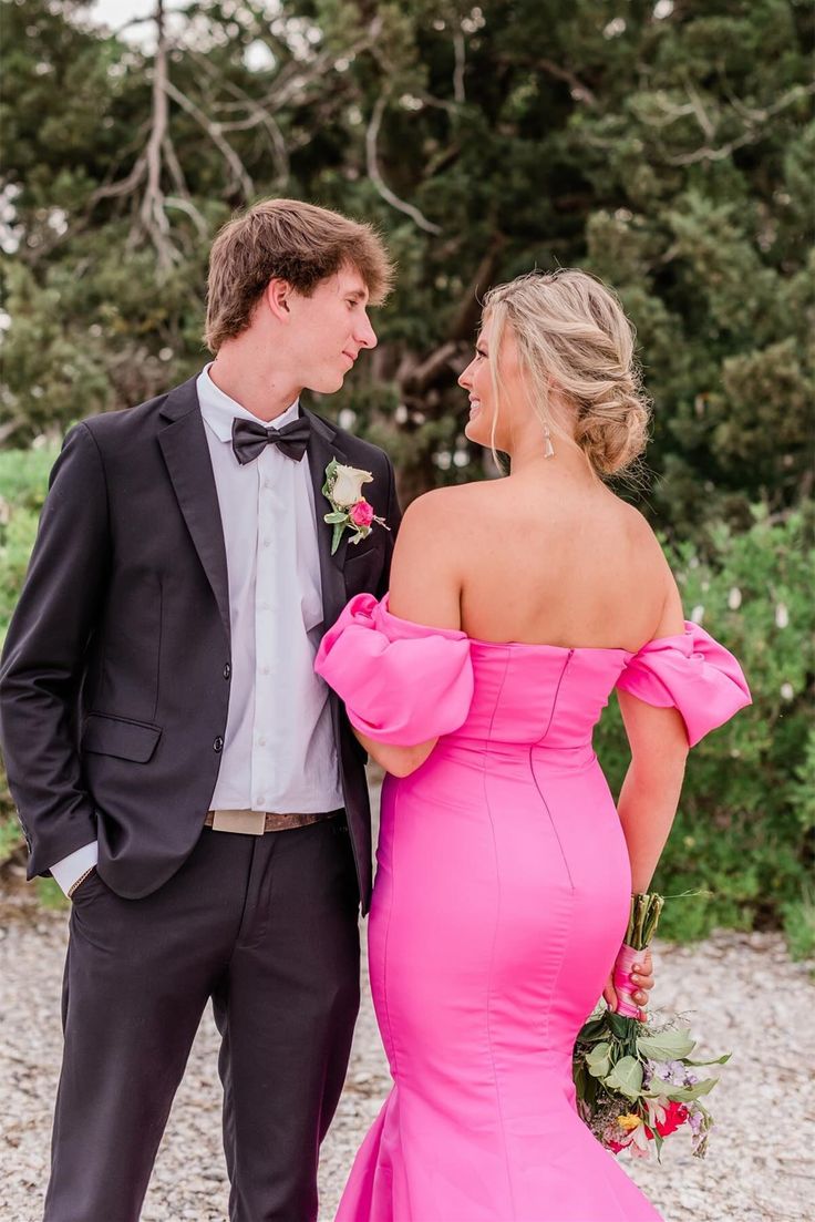 Elegant Mermaid Off-the-shoulder Hot Pink Satin Prom Dresses DP1177