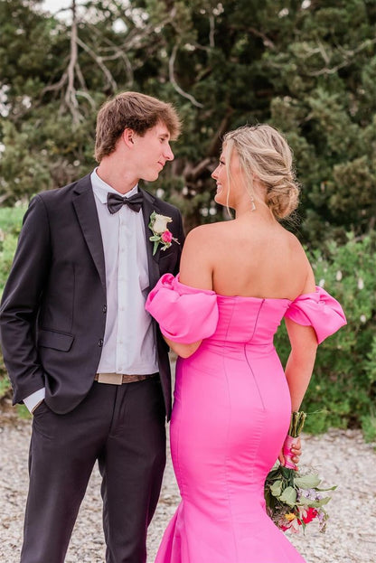 Elegant Mermaid Off-the-shoulder Hot Pink Satin Prom Dresses DP1177