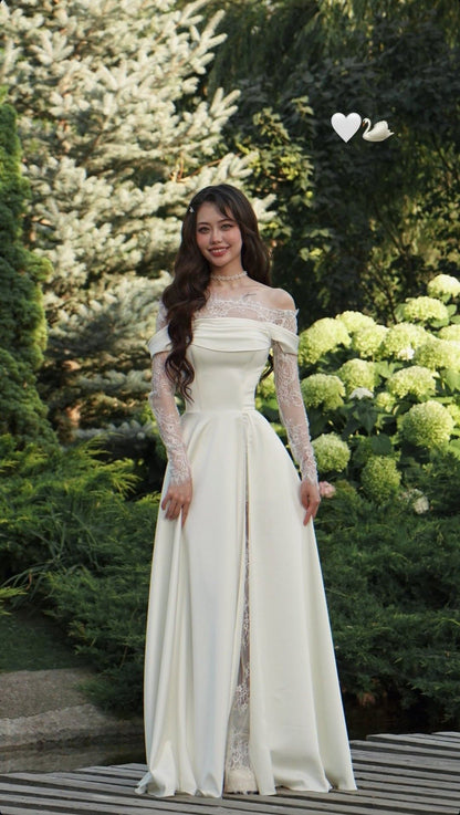 Pretty A Line Long Sleeve Ivory Lace Satin Long Wedding Dress with Slit DP6858