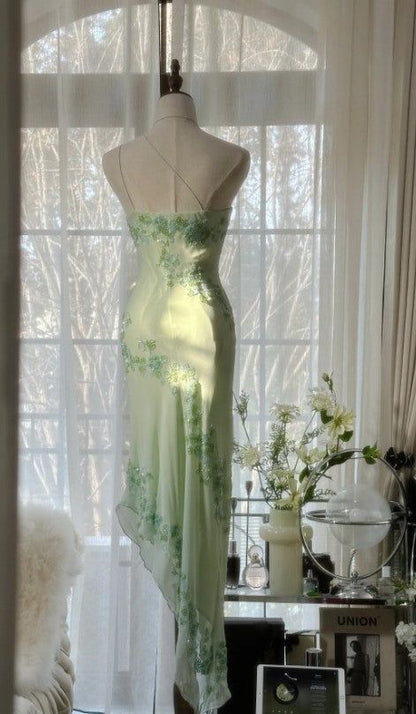 Mint Green Sheath One Shoulder Beaded Chiffon Prom Dress Evening Dress DP2136
