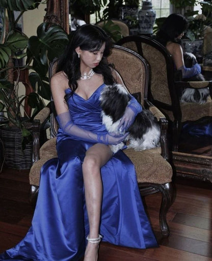 Blue Modest Sweetheart Satin Slit Prom Dresses 18th Birthday Outfits  DP3309