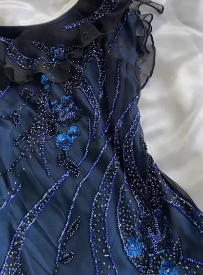 Navy Blue Gorgeous Exquisite Fashion Beaded Charming Long Tulle Elegant Ball Gown Evening Dress Party Dress DP3069