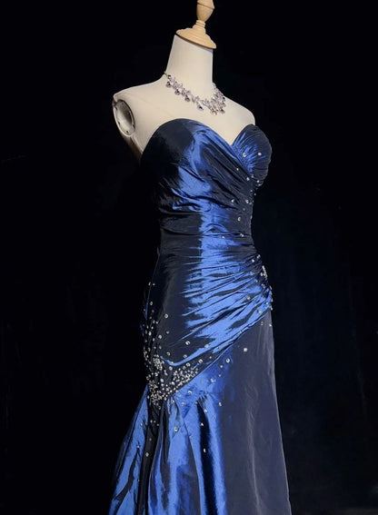 Navy Blue Mermaid Strapless Rhinestone Pleated Satin Prom Dress Party Dress DP3184