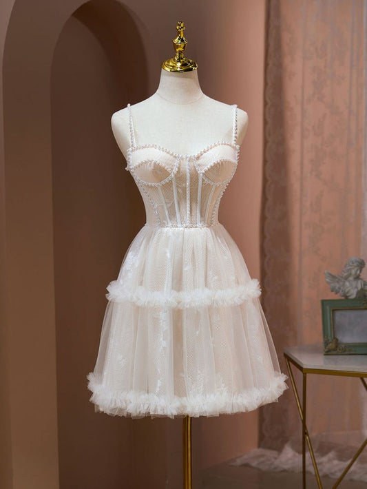 Elegant A Line Spaghetti Strap Pearl Tulle Homecoming Dresses DP795