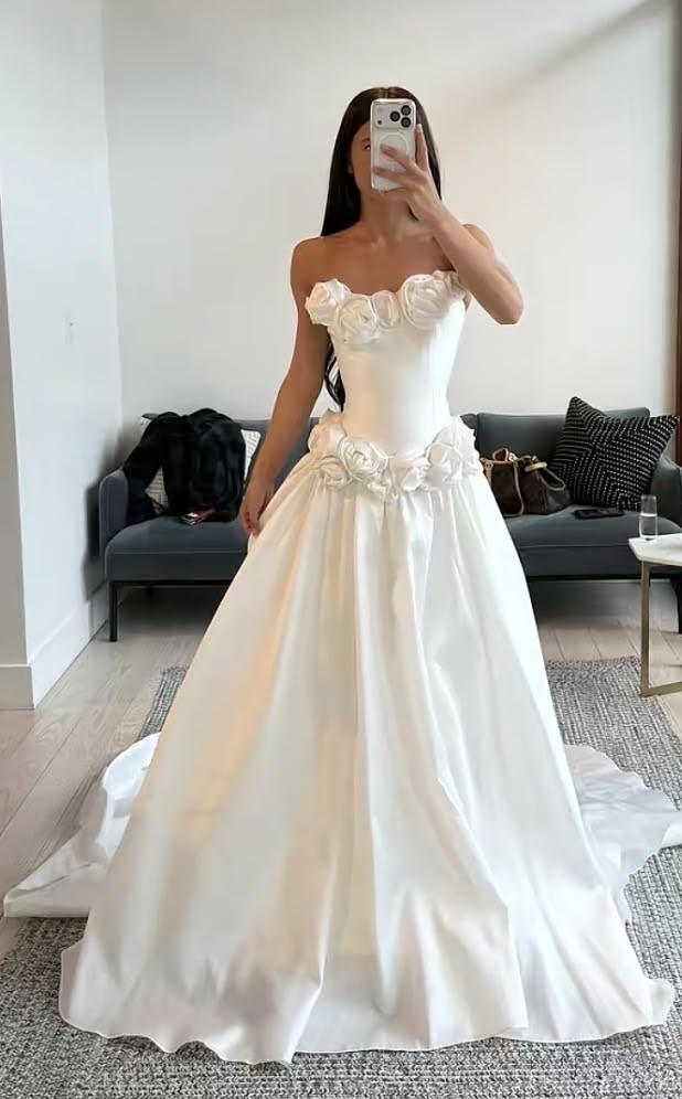 3D Floral A Line Strapless White Satin Long Wedding Dress DP7999