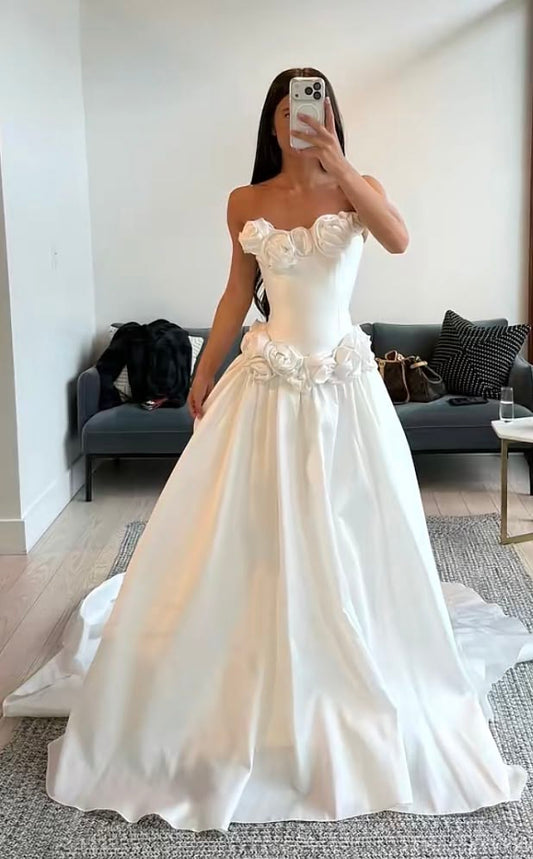 3D Floral A Line Strapless White Satin Long Wedding Dress DP7999