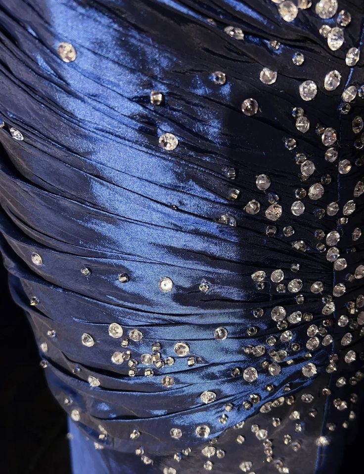 Navy Blue Mermaid Strapless Rhinestone Pleated Satin Prom Dress Party Dress DP3184