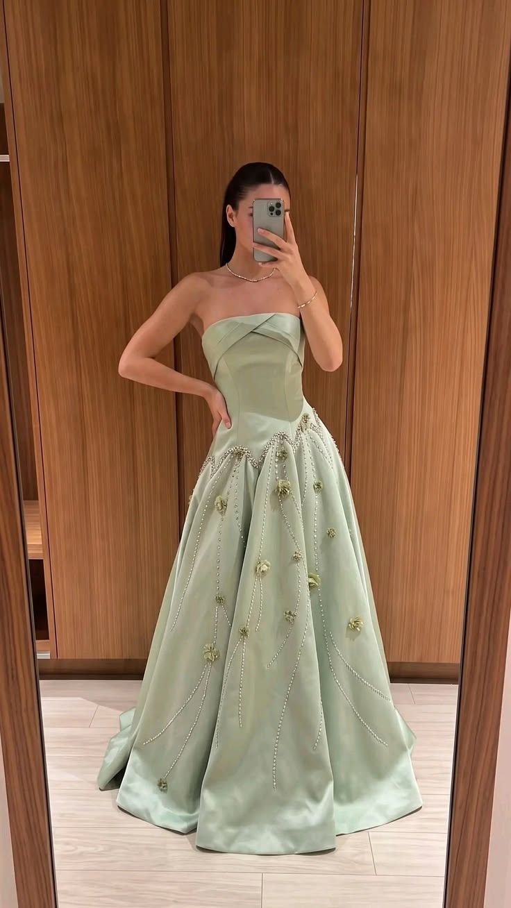 Sage Green A Line Strapless Appliques Beaded Satin Prom Dress Evening Dress DP8061