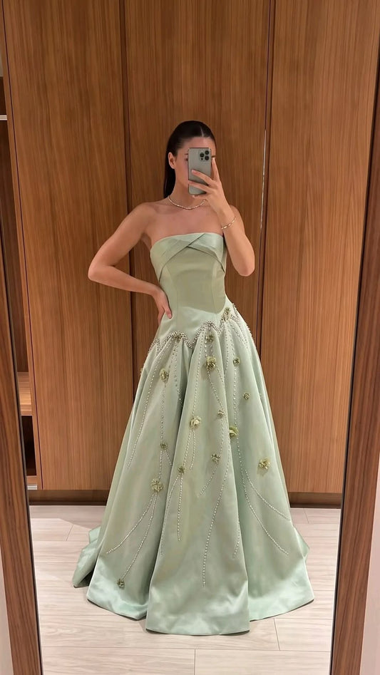 Sage Green A Line Strapless Appliques Beaded Satin Prom Dress Evening Dress DP8061