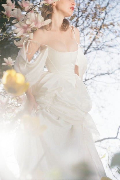 Gentle White A Line Off the Shoulder Chiffon Satin Birthday Dress Wedding Dress DP3033