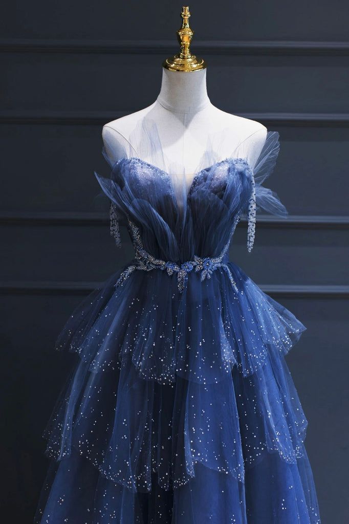 Stunning Exquisite Beaded A Line Strapless Layered Blue Tulle Prom Dress Evening Dress Date Dress DP3469
