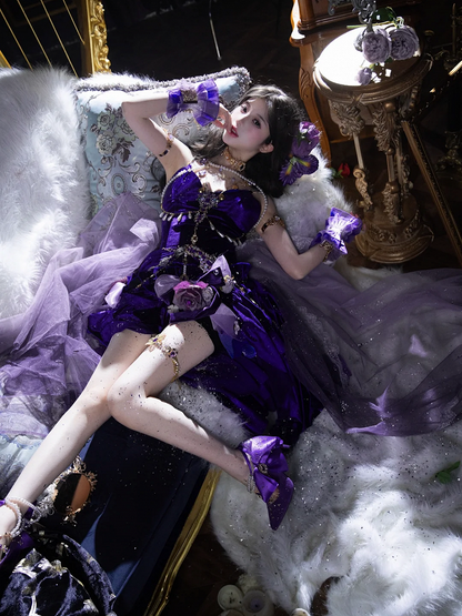 Stunning Purple Mermaid Spaghetti Strap Ruffle Velvet Prom Dress DP4158(Accessories not included)