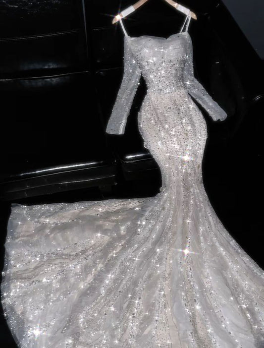 Exquisite Silver Sequin Mermaid Long Sleeve Tulle Long Prom Dress Evening Dress Date Dress DP3113