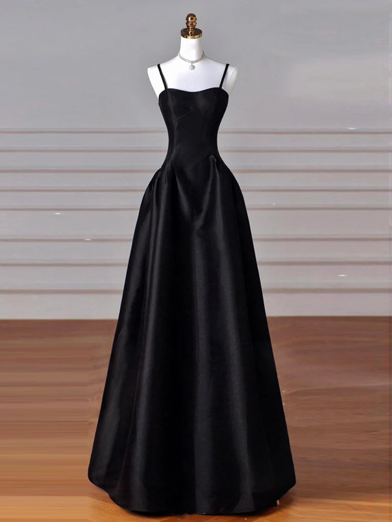 Simple A-Line Dark Blue Satin Long Prom Dress, Dark Blue Long Formal Dress DP3365
