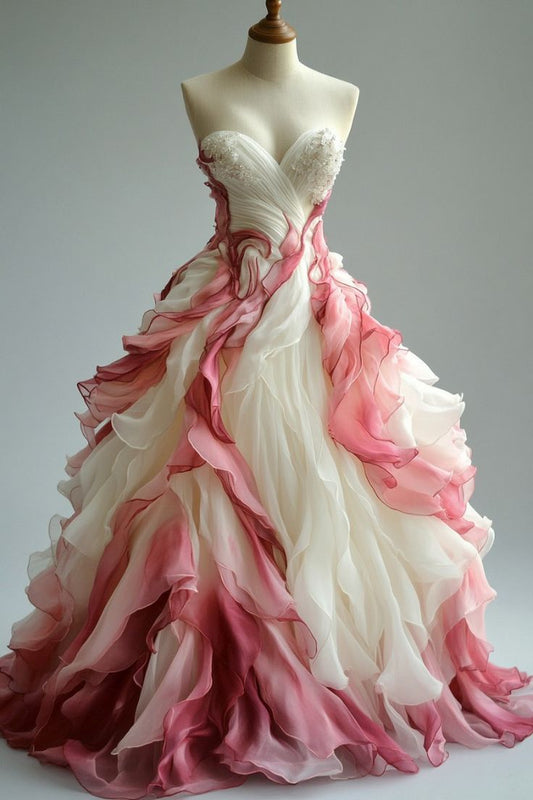 Inspiration A Line Sweetheart Beaded Ruffle Ombre Pink Chiffon Prom Dress Evening Dress DP1937