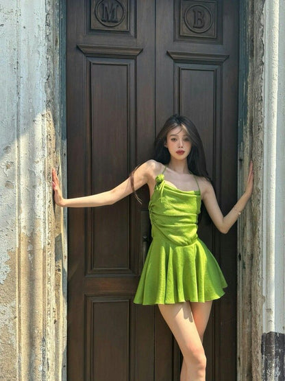 Cute A Line Halter Green Satin Short Open Back Party Dress Homecoming Dresses DP2353