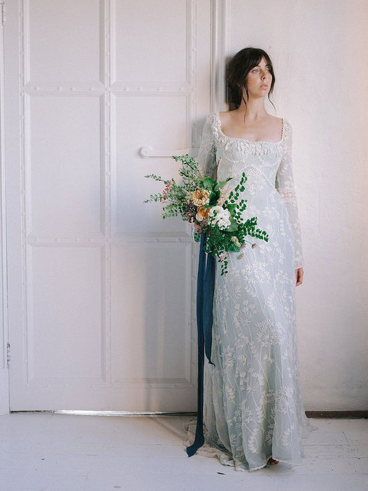 Pretty A Line Long Sleeve White Lace Blue Satin Long Prom Dress Evening Dress DP7893