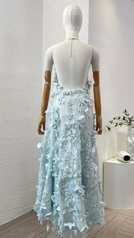 Light Blue A Line Spaghetti Straps Appliques Satin Evening Dress Prom Dress DP1205