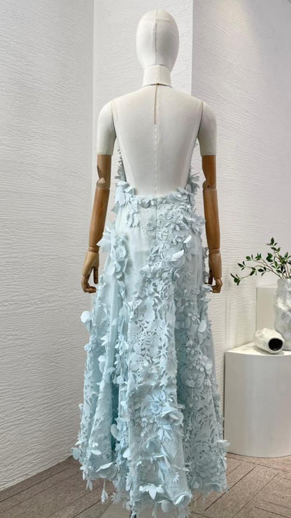Light Blue A Line Spaghetti Straps Appliques Satin Evening Dress Prom Dress DP1205