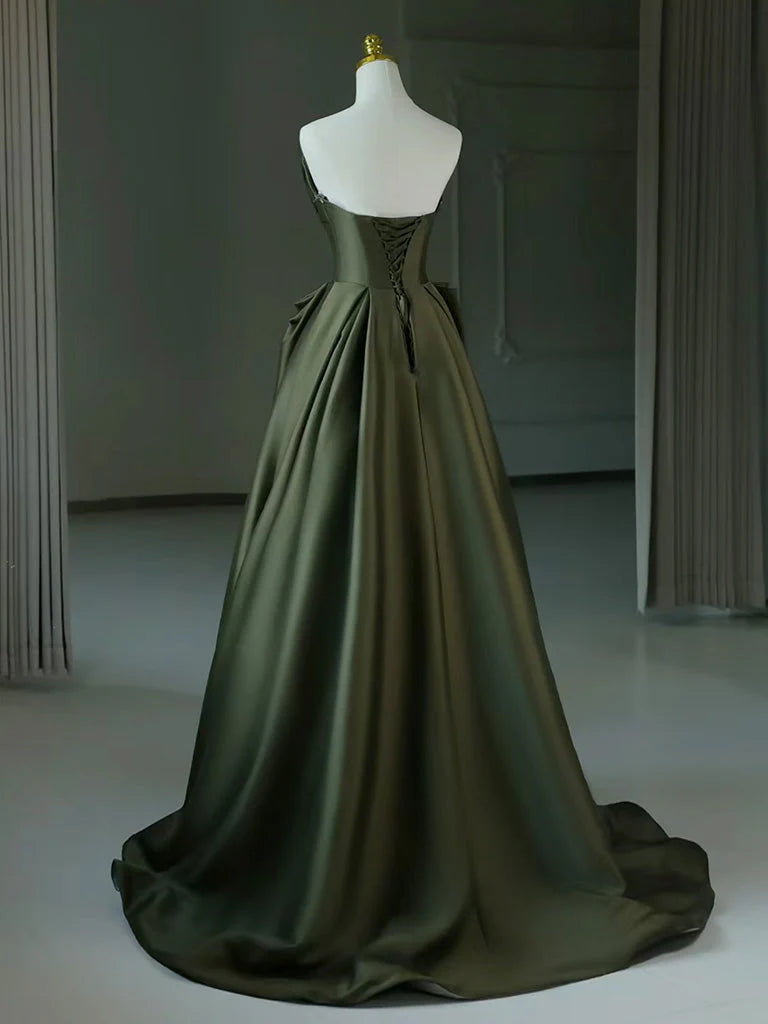 Elegant A Line V Neck Satin Green Long Prom Dress DP840