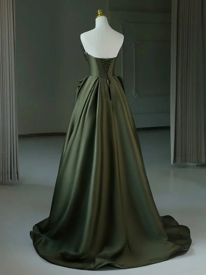 Elegant A Line V Neck Satin Green Long Prom Dress DP840