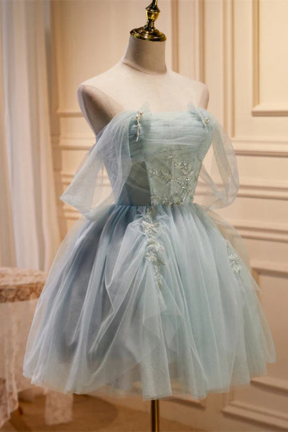 A Line Off-the-shoulder Beaded Appliques Tulle Party Dress Homecoming Dress DP871