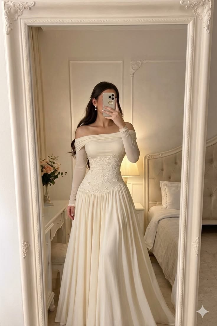 Gentle Ivory A Line Long Sleeve Appliques Satin Long Prom Dress Evening Dress DP7892
