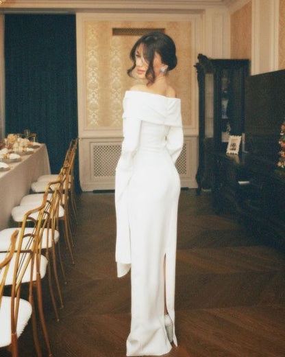 Gentle White Sheath Long Sleeve Satin Long Wedding Dress DP7877