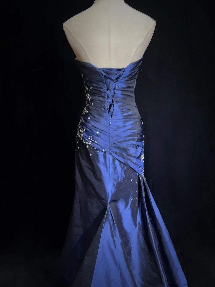 Navy Blue Mermaid Strapless Rhinestone Pleated Satin Prom Dress Party Dress DP3184