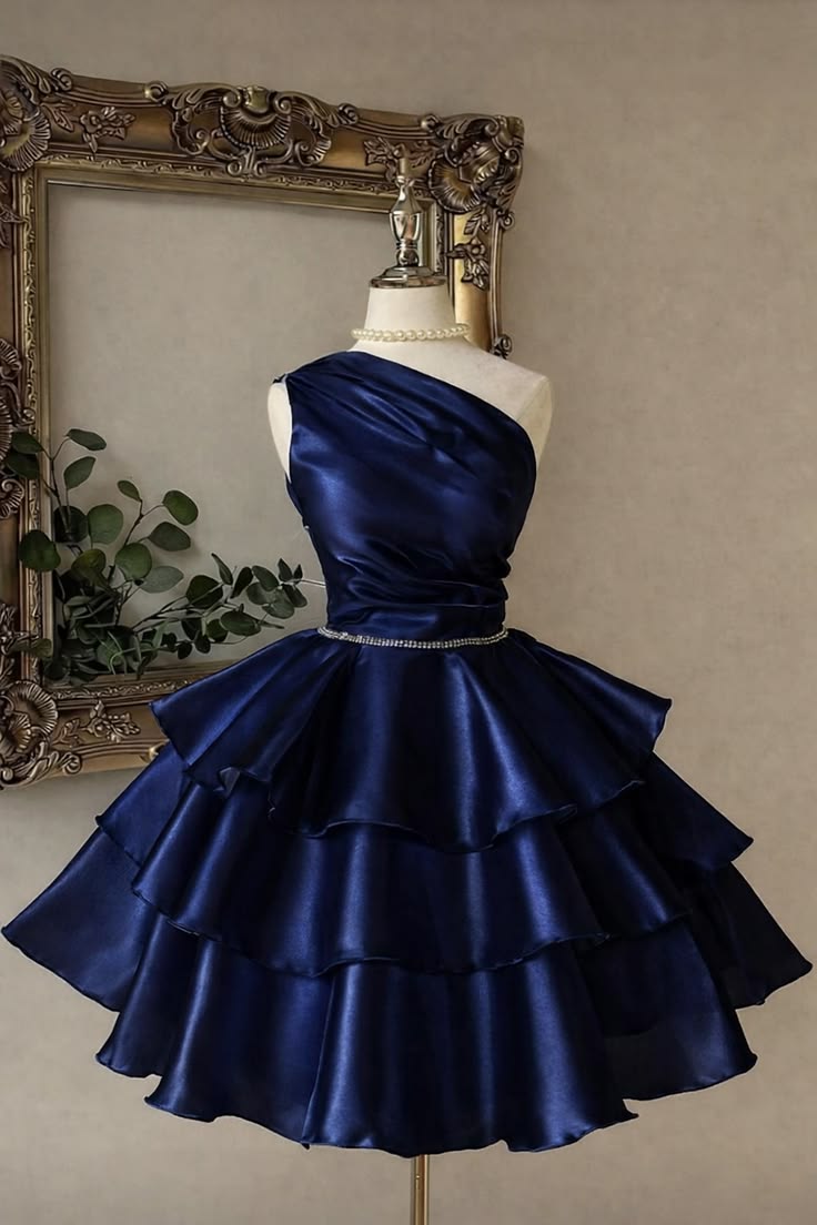 Navy Blue A Line One Shoulder Layered Satin Short Prom Homecoming Dress DP5313