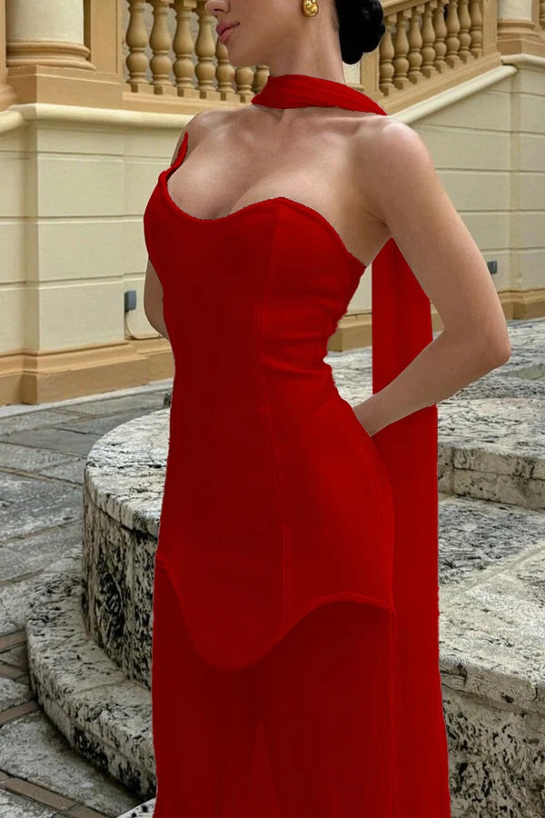 Sexy Red Sheath Strapless Ethereal Chiffon Long Prom Dress Evening Dress DP7114