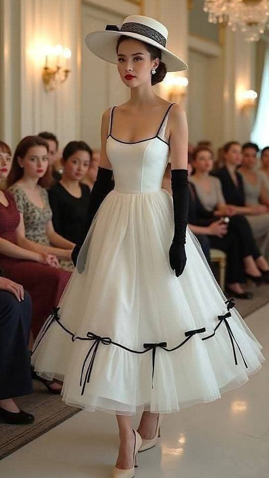 Cute Black Bow A Line Spaghetti Strap White Tulle Prom Dress 16th Birthday Dress DP3666