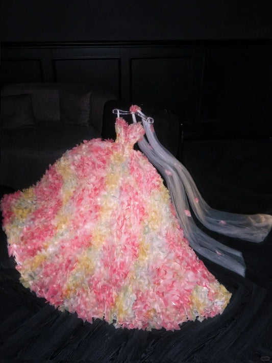 Pink Ball Gown Sweetheart Neck Floral Tulle Prom Dress DP4299